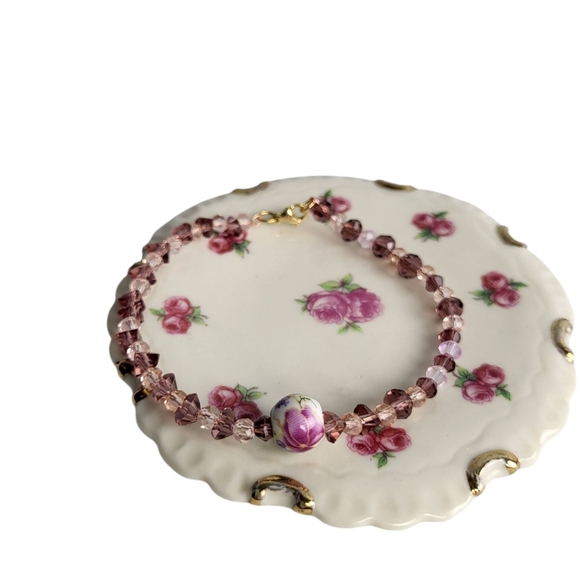 Vintage Peony Ceramic Wine Glass Faceted Crystal Bracelet - Picture 3 of 4